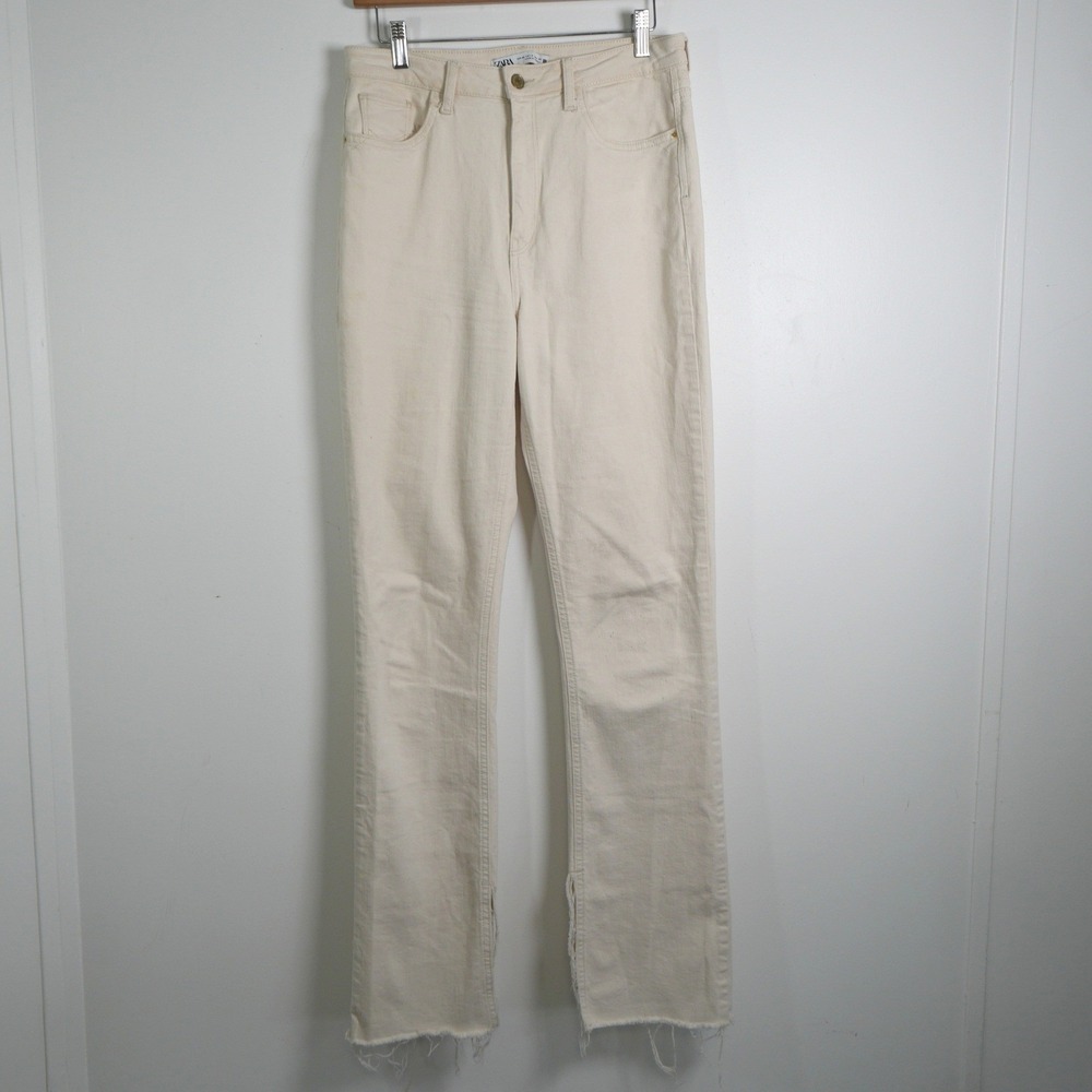 Zara Jeans Womens 8 Cream High Rise Straight Leg Raw Hem Side Slit Ecru Denim